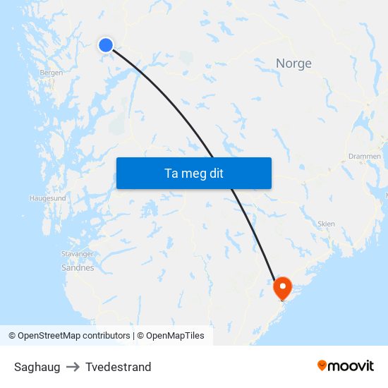 Saghaug to Tvedestrand map