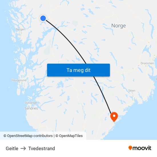 Geitle to Tvedestrand map