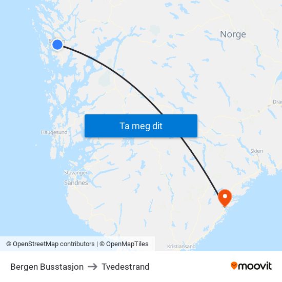 Bergen Busstasjon to Tvedestrand map