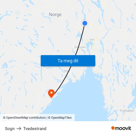 Sogn to Tvedestrand map