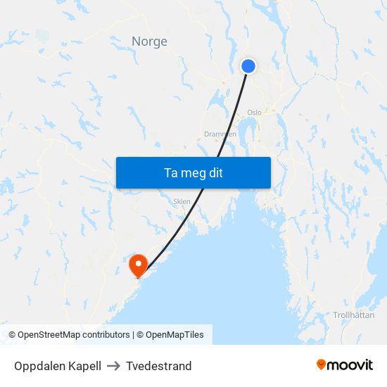Oppdalen Kapell to Tvedestrand map