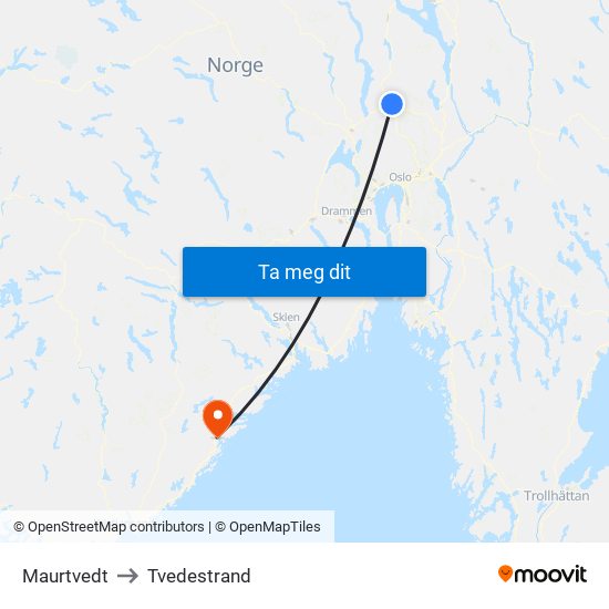 Maurtvedt to Tvedestrand map