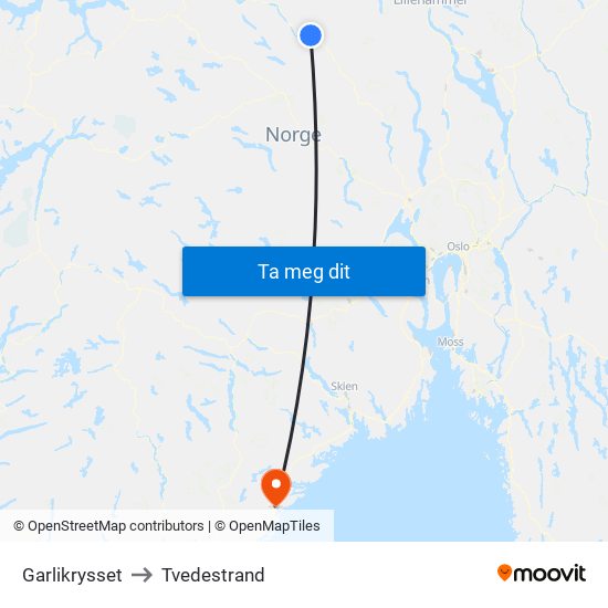 Garlikrysset to Tvedestrand map