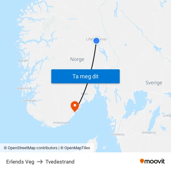 Erlends Veg to Tvedestrand map