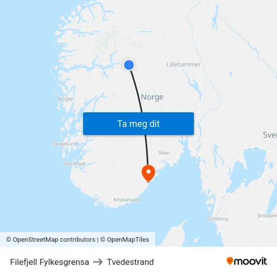 Filefjell Fylkesgrensa to Tvedestrand map