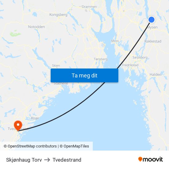 Skjønhaug Torv to Tvedestrand map