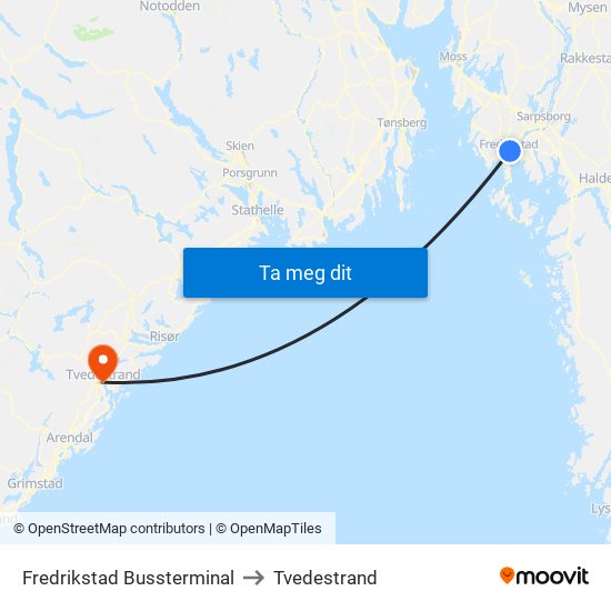 Fredrikstad Bussterminal to Tvedestrand map