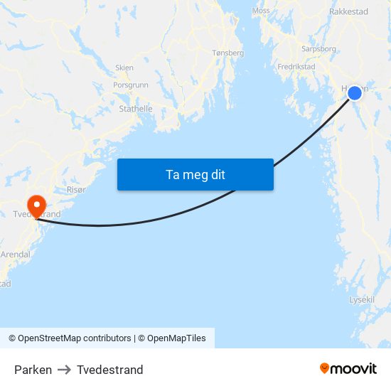 Parken to Tvedestrand map