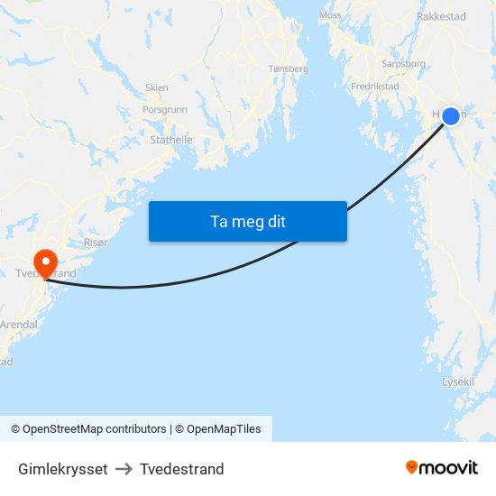 Gimlekrysset to Tvedestrand map