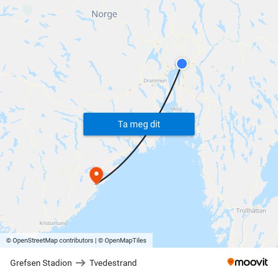 Grefsen Stadion to Tvedestrand map