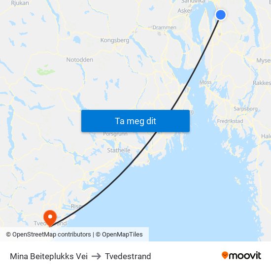 Mina Beiteplukks Vei to Tvedestrand map