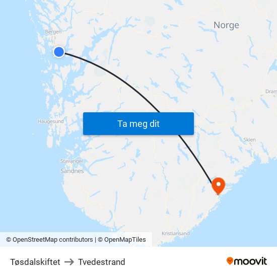 Tøsdalskiftet to Tvedestrand map