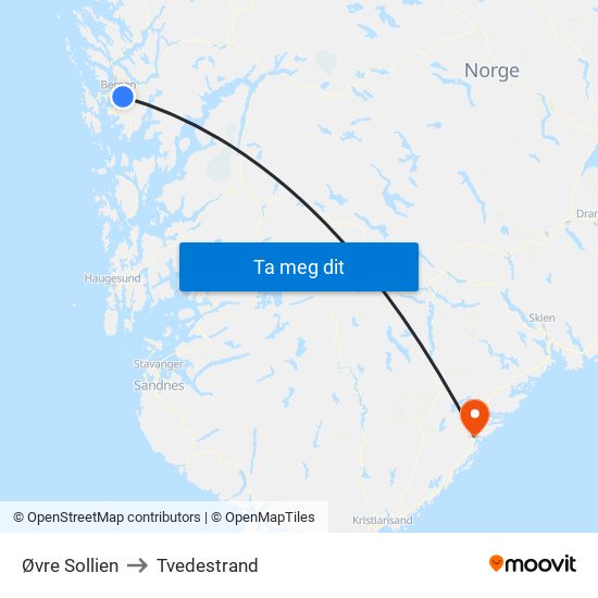 Øvre Sollien to Tvedestrand map