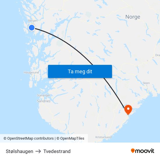 Stølshaugen to Tvedestrand map