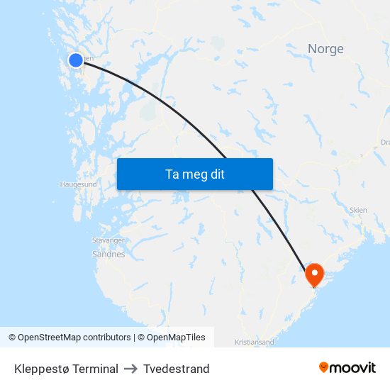 Kleppestø Terminal to Tvedestrand map