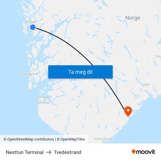 Nesttun Terminal to Tvedestrand map