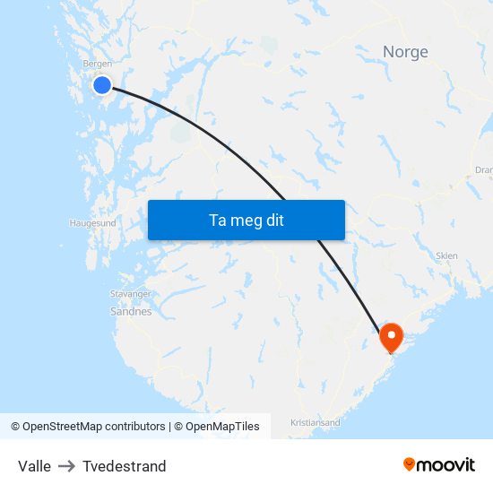 Valle to Tvedestrand map