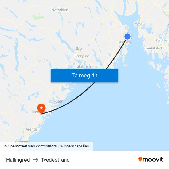 Hallingrød to Tvedestrand map