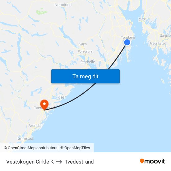 Vestskogen Cirkle K to Tvedestrand map