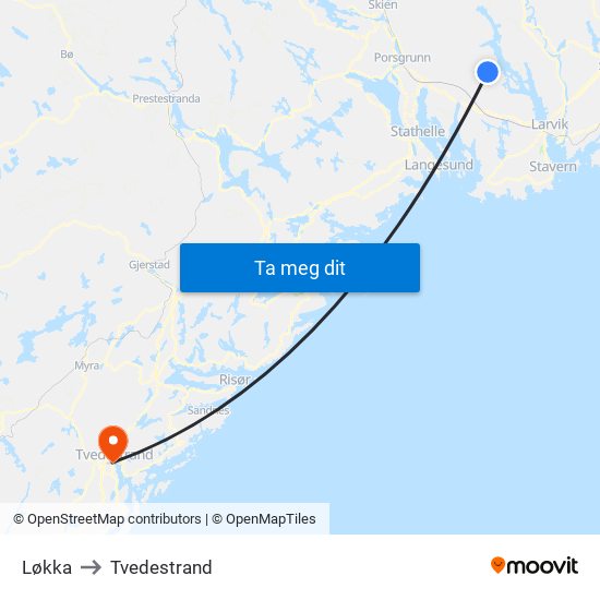 Løkka to Tvedestrand map