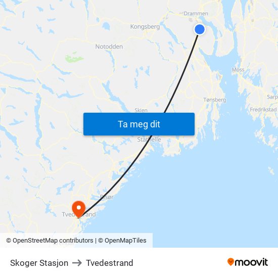 Skoger Stasjon to Tvedestrand map