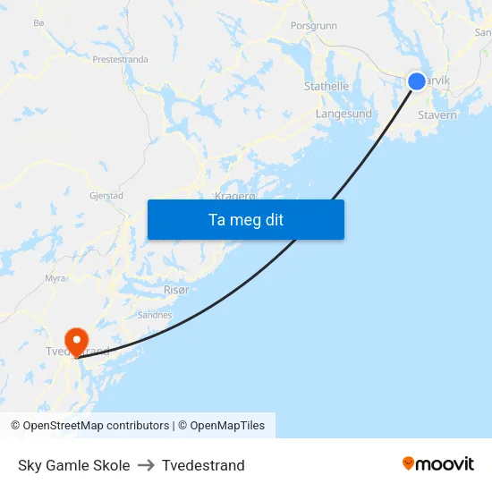 Sky Gamle Skole to Tvedestrand map