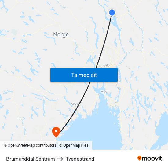 Brumunddal Sentrum to Tvedestrand map