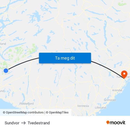 Sundvor to Tvedestrand map