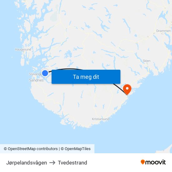 Jørpelandsvågen to Tvedestrand map