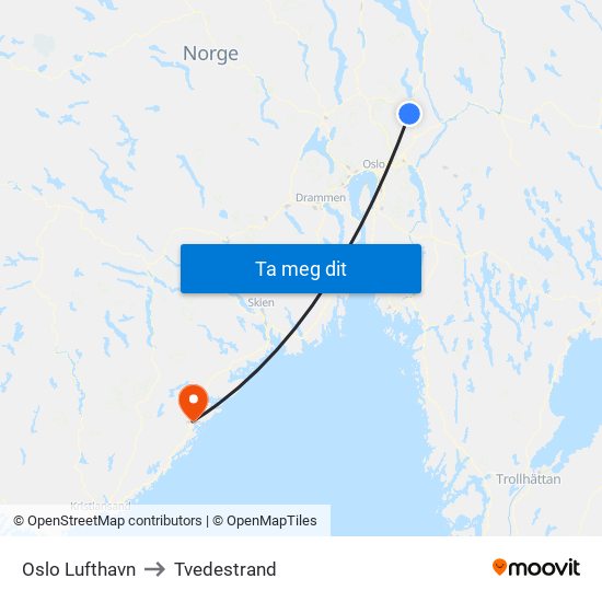 Oslo Lufthavn to Tvedestrand map