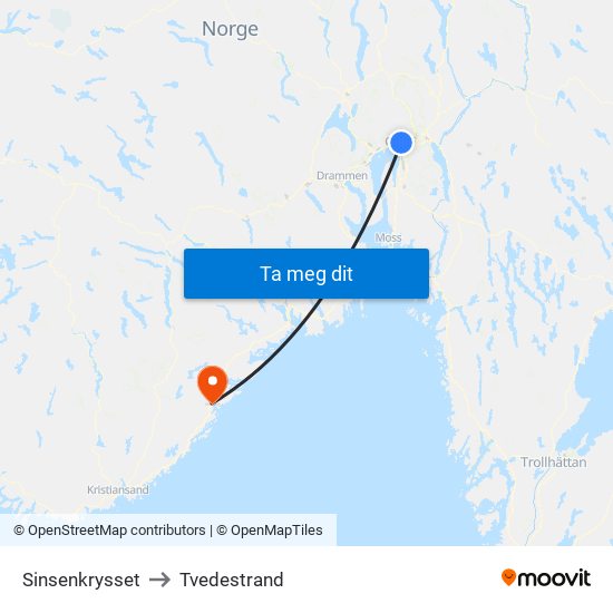 Sinsenkrysset to Tvedestrand map