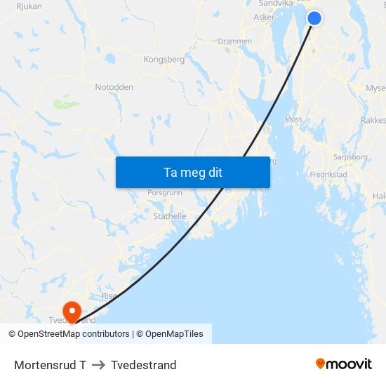Mortensrud T to Tvedestrand map