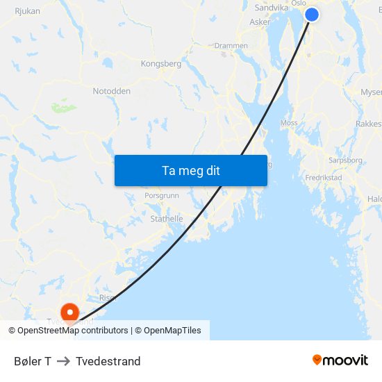 Bøler T to Tvedestrand map