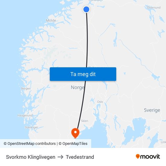 Svorkmo Klinglivegen to Tvedestrand map