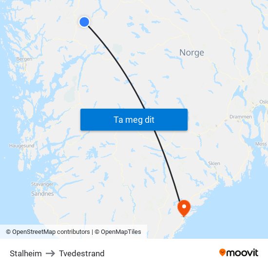 Stalheim to Tvedestrand map