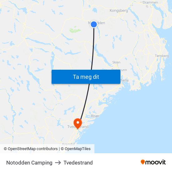 Notodden Camping to Tvedestrand map