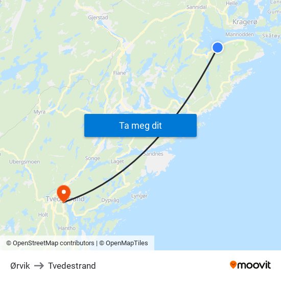 Ørvik to Tvedestrand map