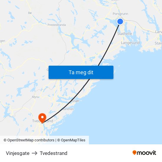 Vinjesgate to Tvedestrand map