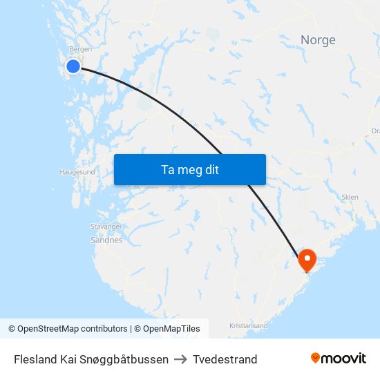 Flesland Kai Snøggbåtbussen to Tvedestrand map