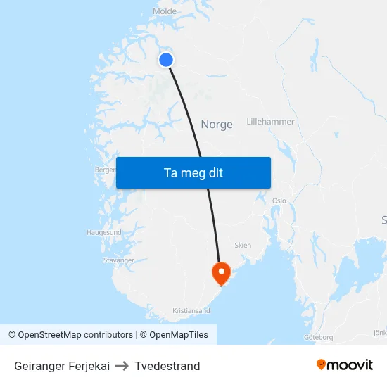 Geiranger Ferjekai to Tvedestrand map