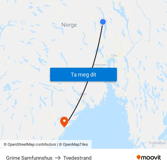 Grime Samfunnshus to Tvedestrand map