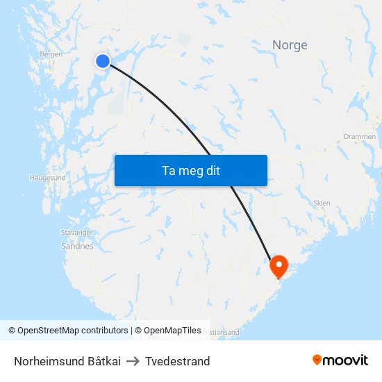 Norheimsund Båtkai to Tvedestrand map