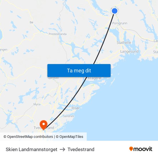 Skien Landmannstorget to Tvedestrand map