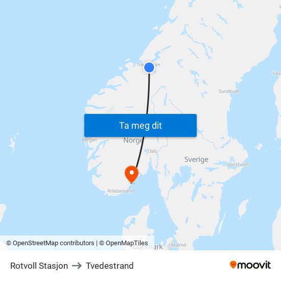 Rotvoll Stasjon to Tvedestrand map