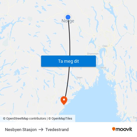 Nesbyen Stasjon to Tvedestrand map