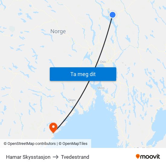 Hamar Skysstasjon to Tvedestrand map