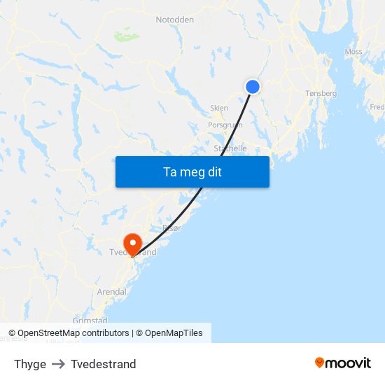 Thyge to Tvedestrand map