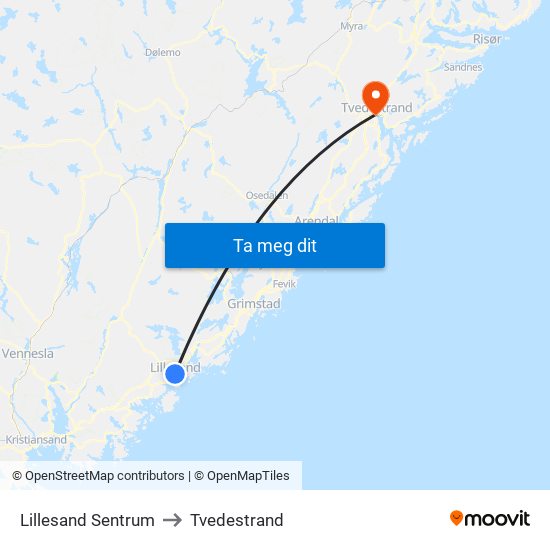 Lillesand Sentrum to Tvedestrand map