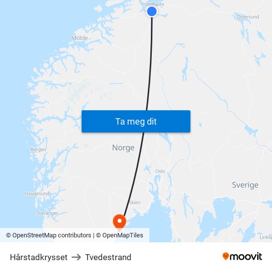 Hårstadkrysset to Tvedestrand map