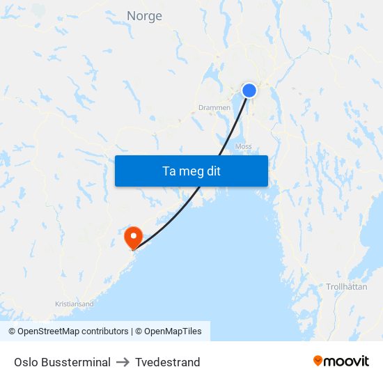 Oslo Bussterminal to Tvedestrand map